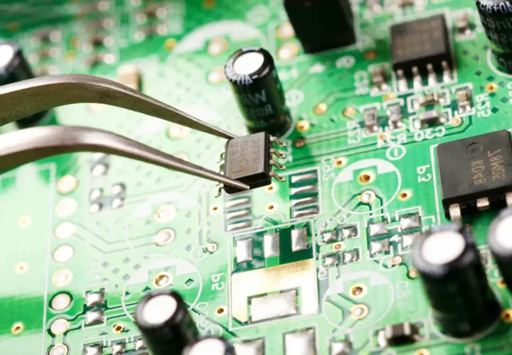 Pęseta trzyma układ scalony na zielonej płytce drukowanej. Widać elementy elektroniczne, kondensatory i ścieżki. Zbliżenie ujawnia potencjalne oznaki korozji elektrochemicznej.