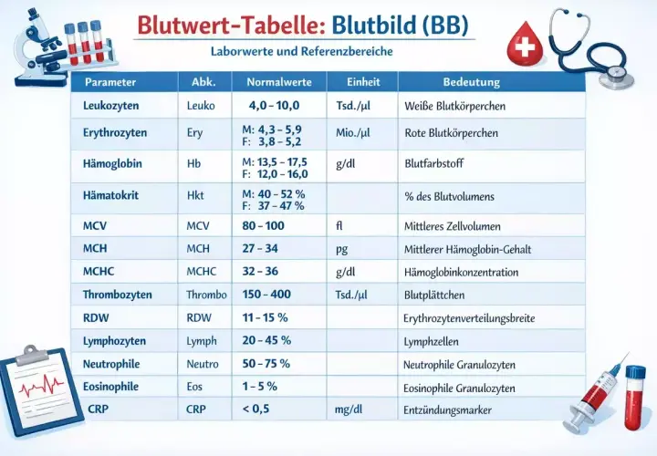 Blutwert-Tabelle: Blutbild. Zeigt Parameter wie Leukozyten, Erythrozyten und Hämoglobin (Hb) mit Normalwerten. Nützlich zur Interpretation von Laborergebnissen.