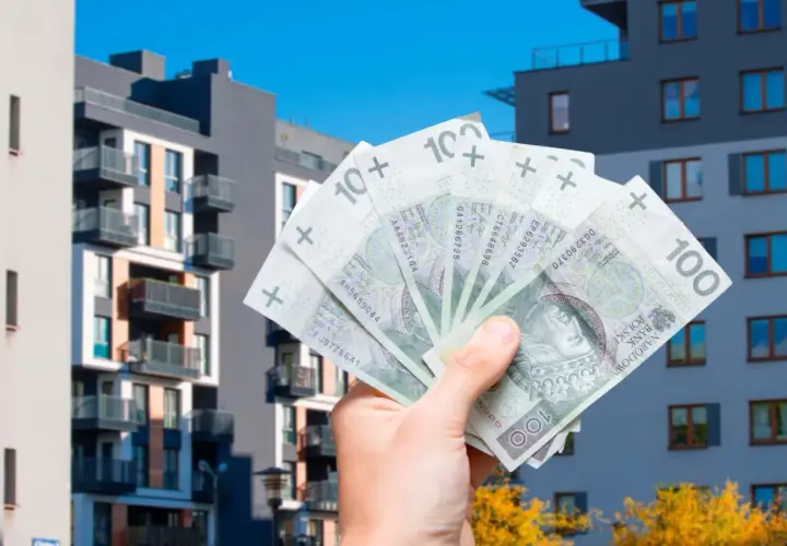 Dłoń trzyma banknoty 100 zł na tle nowoczesnych budynków mieszkalnych. Symbolizuje to podatek od sprzedaży nieruchomości.