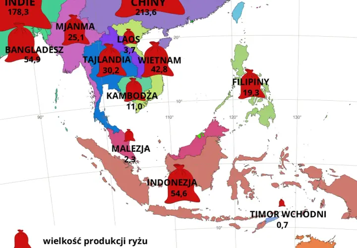 Mapa przedstawia wielkość produkcji ryżu w krajach Azji Południowo-Wschodniej. Najwięcej produkują Chiny i Indie.