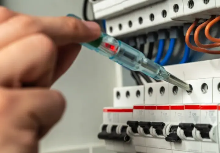 Dłoń z próbnikiem napięcia przy bezpiecznikach elektrycznych.
