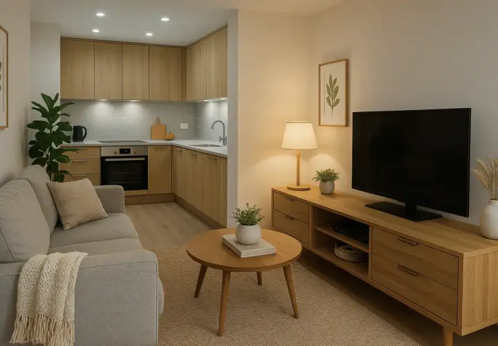 Salón y cocina integrados con muebles de madera clara. La iluminación cálida crea una atmósfera acogedora, mostrando la escala de temperatura de color ideal para el hogar.