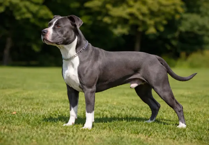 Silny amstaff w obroży stoi na trawie. Zastanawiasz się nad amstaff cena?