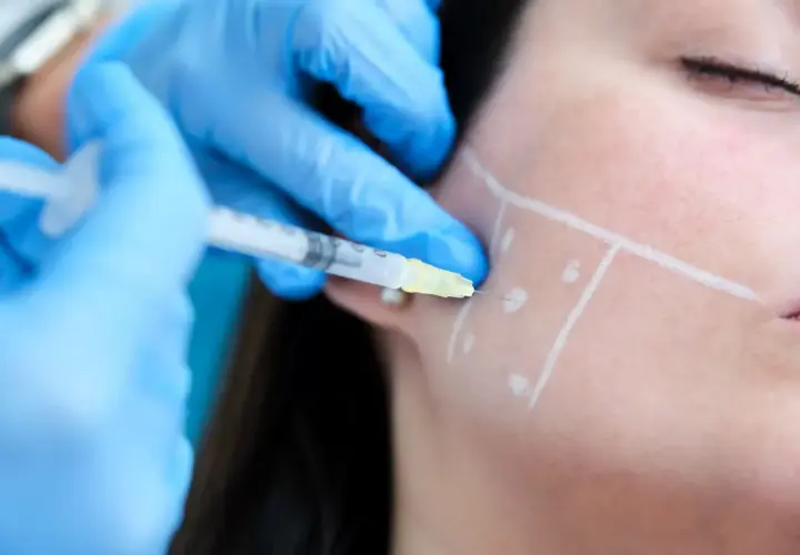 En injektion ges i käkpartiet, markerat med linjer, för masseter botox.