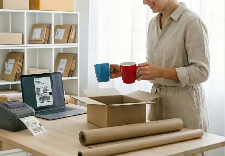 Kobieta z kubkami w rękach przygotowuje paczkę. Na biurku drukarka etykiet, laptop z naklejką i karton. To wszystko, co potrzebne, by wysłać zamówienie. SKU co to? To kod produktu.
