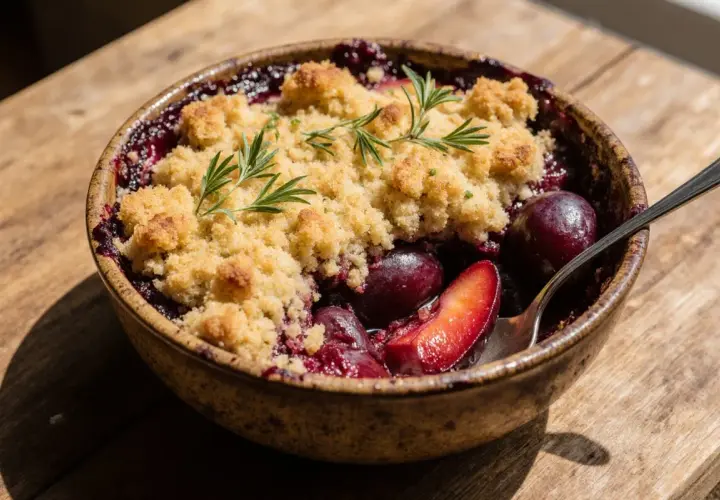 Ein Zwetschgen Crumble, der schnell zubereitet ist, mit knuspriger Streuseldecke und frischem Rosmarin garniert.