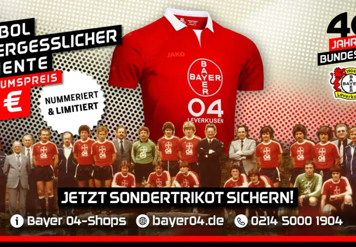 Niemiecka drużyna piłkarska Bayer 04 Leverkusen świętuje 40 lat Bundesligi specjalną, numerowaną koszulką za 40 euro.