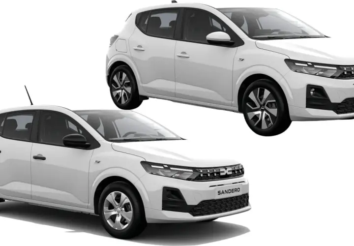 Dwa białe samochody Dacia Sandero 2025, jeden z przodu, drugi z boku, prezentują nowoczesny design i praktyczność.