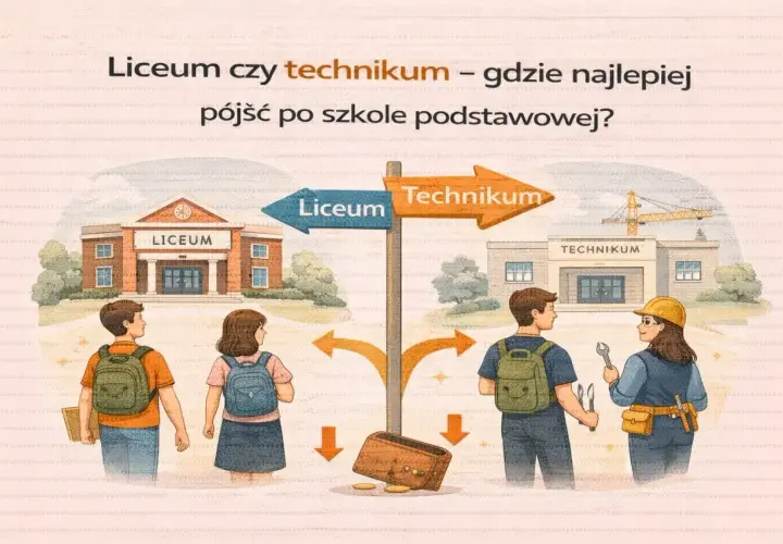 Uczniowie stoją przed rozdrożem: Liceum czy technikum? Wybór ścieżki edukacyjnej po szkole podstawowej jest ważny.