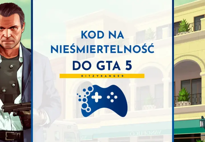 Michael De Santa z GTA V, z pistoletem w dłoni, obok napisu "KOD NA NIEŚMIERTELNOŚĆ DO GTA 5" i niebieskiego kontrolera.