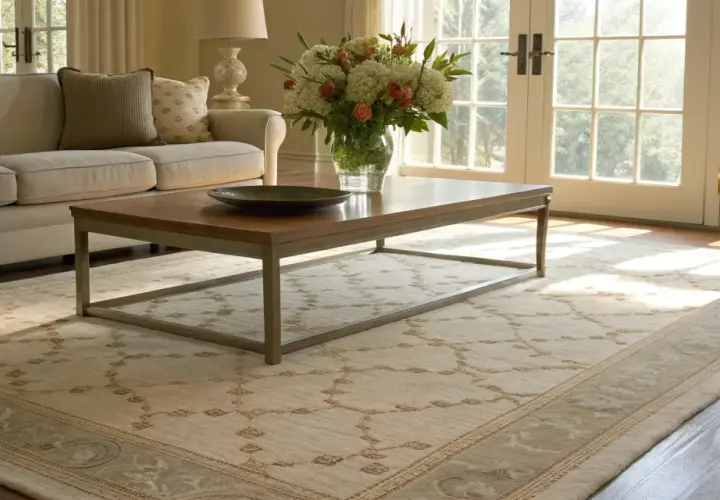 A low pile rug with a subtle geometric pattern anchors a bright living room, complementing a neutral sofa and coffee table.