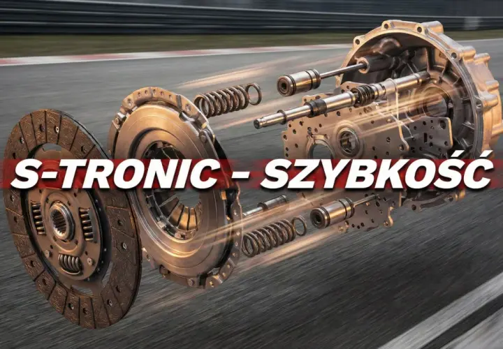 Rozłożony na części S-TRONIC, symbol szybkości i precyzji, na tle toru wyścigowego.