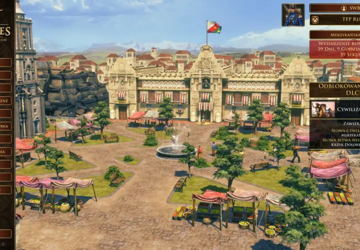 Menu gry Age of Empires 3: Definitive Edition. Widok na plac z budynkiem i straganami. Dostępne spolszczenie.