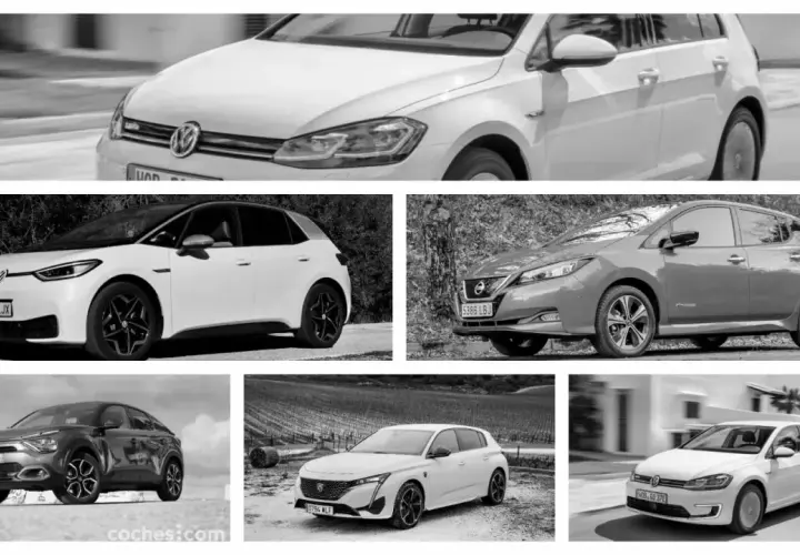 Un collage de cinco coches, mostrando diferentes modelos de hatchback. Destaca un Volkswagen Golf, un VW ID.3, un Nissan Leaf, un Citroën C4 y un Peugeot 308.