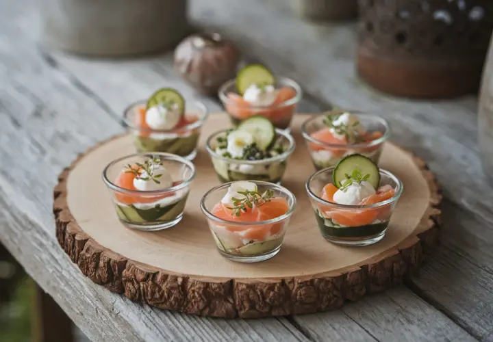 Sept verrines apéro joliment dressées : saumon fumé, avocat, crème et concombre. Parfait pour un apéritif raffiné.