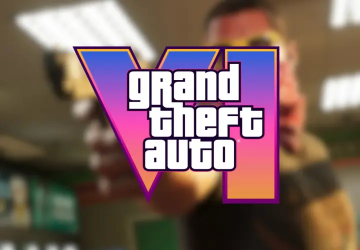 Das Logo von Grand Theft Auto VI ist im Fokus. Ein Mann mit Sonnenbrille hält eine Waffe. Die Fans warten gespannt auf den release gta 6.