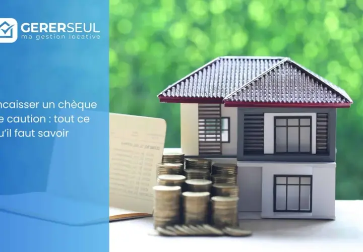 Modèle de maison, pièces de monnaie et chéquier. Illustration pour "Encaisser un chèque de caution : tout ce qu'il faut savoir".