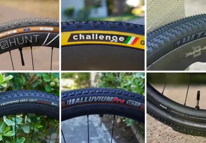 Close-ups of various road tires on gravel bikes, showcasing brands like Panaracer, Challenge, WTB, Vittoria, and Alluvium Pro.