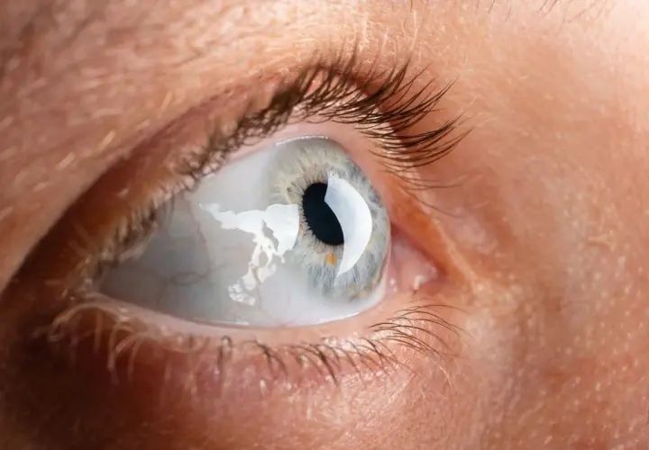 Occhio con sclera arrossata e secrezioni, suggerendo catarro agli occhi. Rimedi naturali e cure mediche possono aiutare.
