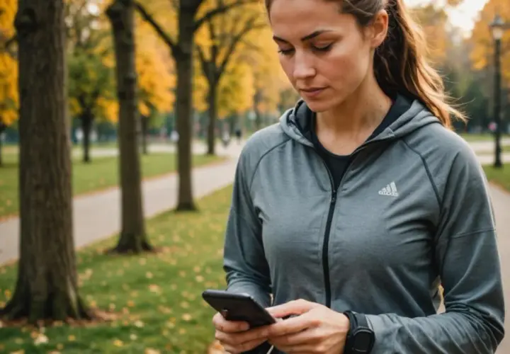 Kobieta w parku sprawdza czas na telefonie, planując swój trening: 10 km w 45 minut.