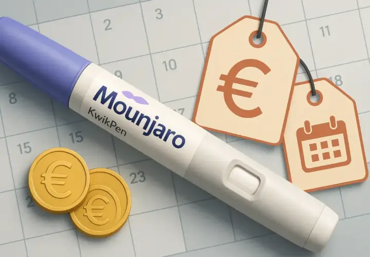 Mounjaro KwikPen na tle kalendarza z monetami euro i metkami cenowymi. Sprawdź aktualną mounjaro 10 mg cena.