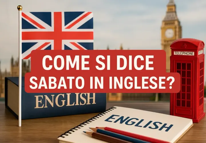 Bandiera inglese, libro "English", cabina telefonica rossa e la domanda: "Come si dice sabato in inglese?". Impara le zilele saptamanii in engleza!
