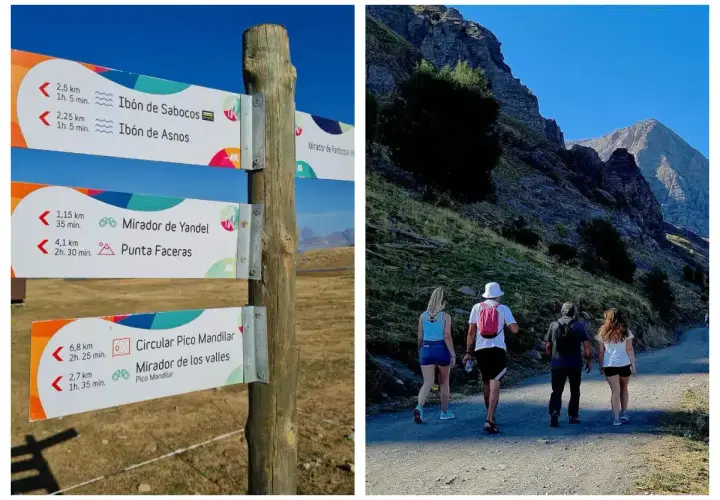 Señalización de rutas en Panticosa: Ibón de Sabocos, Mirador de Yandel y Circular Pico Mandilar. Senderistas disfrutan del paisaje montañoso.