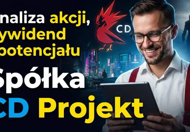 Analiza akcji, dywidend i potencjału spółki CD Projekt. Wykresy i grafiki nawiązujące do gier.