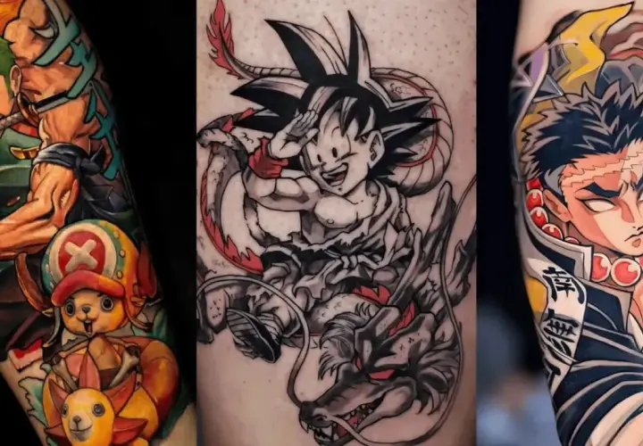 Trzy tatuaże w stylu tatuaż manga: Zoro z One Piece, Goku z Dragon Ball i postać z Demon Slayer.