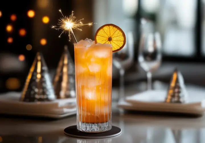 En festlig Singapore Sling med en gnistrande stjärntändare och en torkad apelsinskiva.
