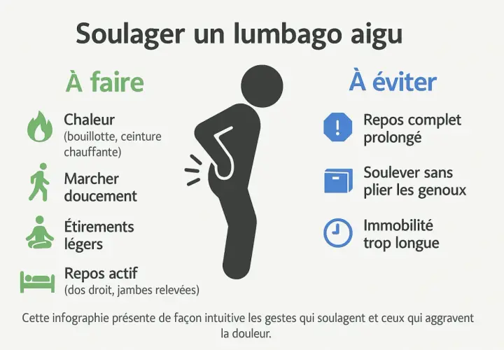 Infographie sur le soulagement d'un lumbago aigu : chaleur, marche douce, étirements légers, repos actif. À éviter : repos prolongé, soulever sans plier les genoux, immobilité.