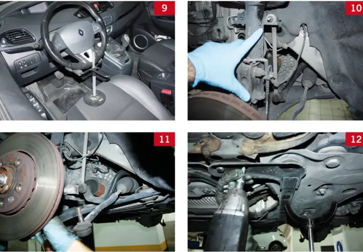 Wnętrze Renault Scenic, ręka w rękawiczce wskazująca amortyzator, hamulec i podwozie samochodu.
