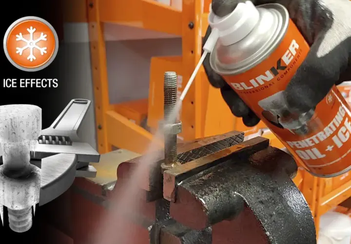 Guantes rociando un tornillo oxidado con un spray "Penetrating Oil + Ice" para ayudarte como aflojar tuercas y tornillos agarrotados oxidados o pegados.