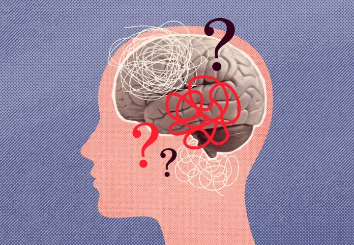 Profilo stilizzato con cervello e grovigli di pensieri, punti interrogativi che simboleggiano l'overthinking significato.