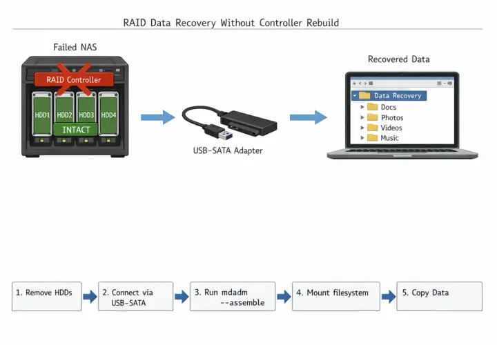 RAID-Datenwiederherstellung: Aus einem ausgefallenen NAS mit intakten Festplatten werden Daten über einen USB-SATA-Adapter auf einen Laptop kopiert, um den **home server** wiederherzustellen.