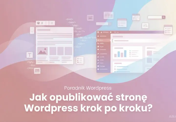 Poradnik WordPress: Jak założyć stronę na WordPressie krok po kroku? Ilustracja przedstawia elementy interfejsu WordPress i kod.