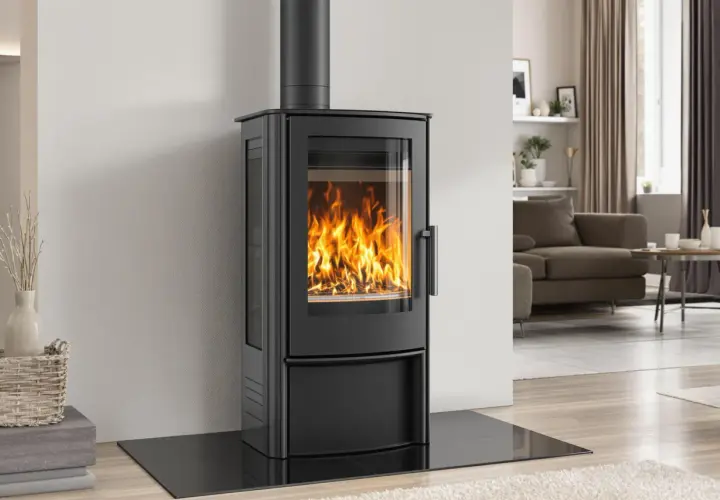 Poêle à bois étanche moderne avec une grande vitre laissant admirer les flammes dans un salon cosy.