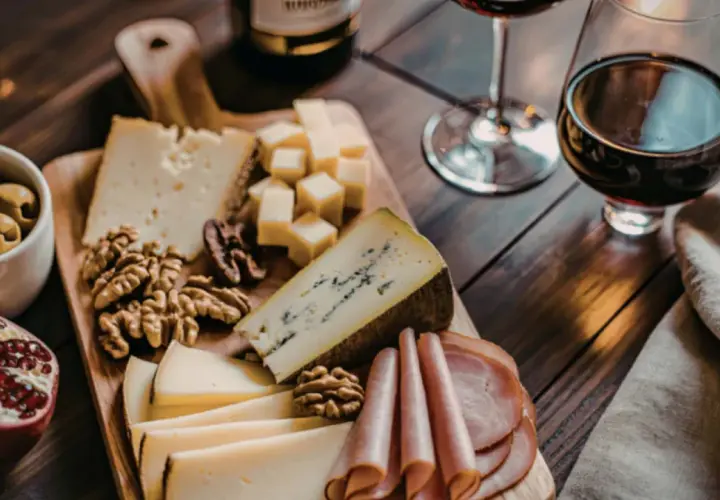 Deska serów, wędlin i owoców, idealna do degustacji toscana rosso.