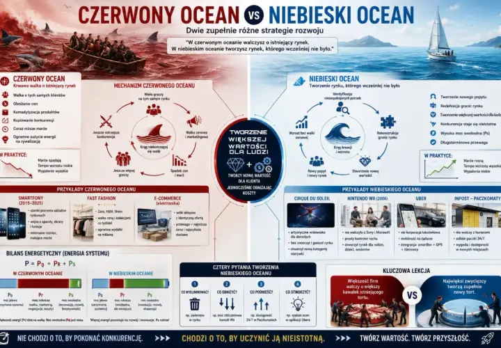Czerwony ocean to krwawa walka o rynek, niebieski ocean to tworzenie nowego. Strategia czerwonego oceanu to walka o klienta, niebieski ocean to tworzenie wartości.