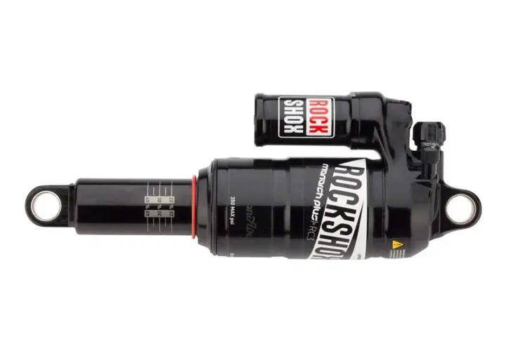 RockShox Monarch Plus RC3 rear shock absorber for mountain bikes, black with white lettering and red accents.