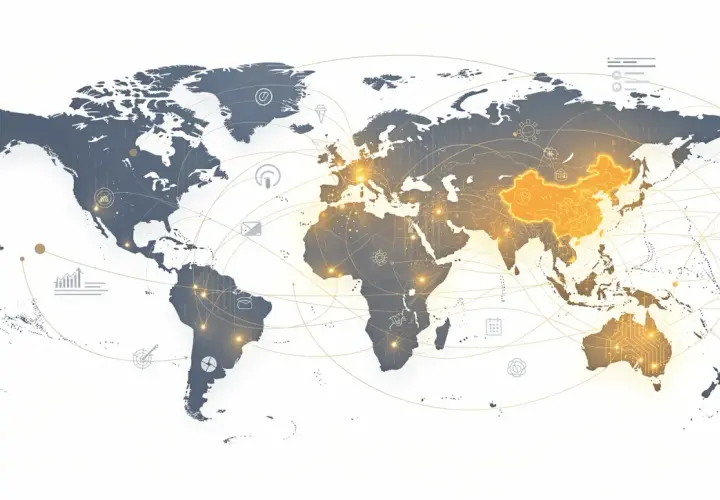 Weltkarte mit leuchtendem China und Australien, die die Dynamik der msci emerging markets symbolisieren. Vernetzte Linien zeigen globale Verbindungen.