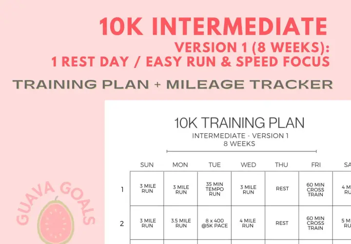 Plan treningowy na 10 km w 45 minut. Tabela z ćwiczeniami na 8 tygodni, zawiera biegi, treningi tempowe i dni odpoczynku.