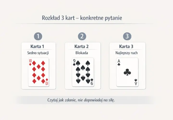 Wróżby wszystko o miłości: rozkład 3 kart pokazuje sedno sytuacji (10 karo), blokadę (9 pik) i najlepszy ruch (As trefl).