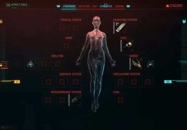 Interfejs gry Cyberpunk 2077, ekran budowy postaci. Widoczny schemat ciała z opcjami cyberwszczepów: system operacyjny, twarz, ręce, nogi, układ krążenia, układ nerwowy, szkielet, kora mózgowa.