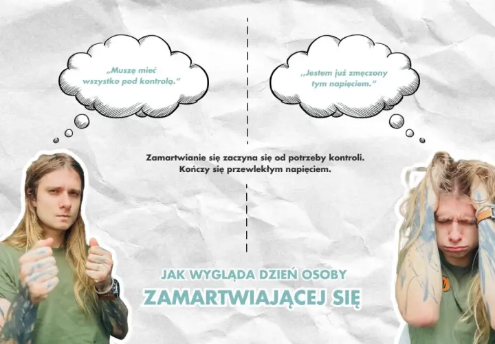 Dwa obrazy mężczyzny: pierwszy zdeterminowany, myślący "Muszę mieć wszystko pod kontrolą", drugi wyczerpany, z rękami na głowie, myślący "Jestem już zmęczony tym napięciem". Zamartwianie się na zapas.