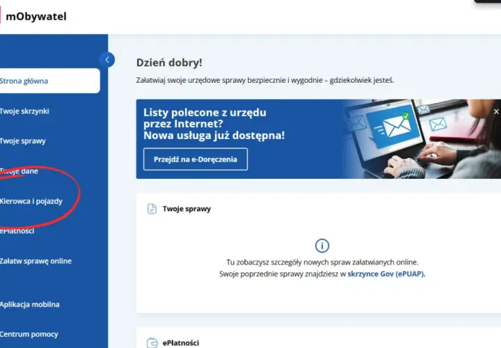 Menu "Kierowca i pojazdy" na stronie mObywatel. Sprawdź, ile punktów karnych masz na koncie.