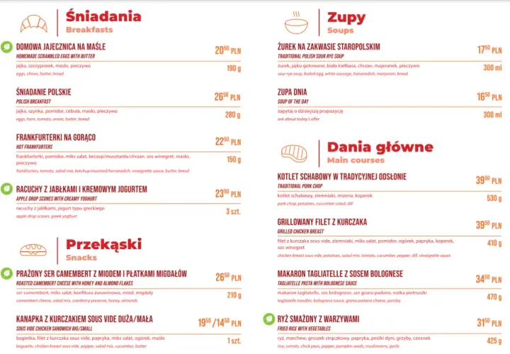 Menu z daniami i cenami. Nie ma informacji, ile kosztuje kawa w Pendolino.