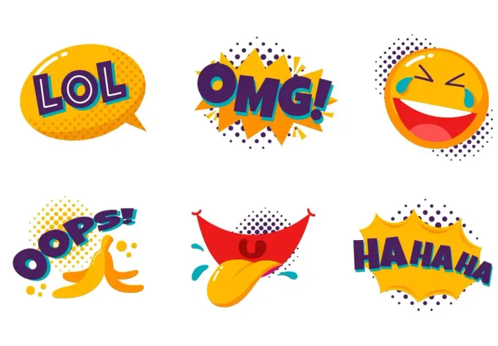 Zabawne, kolorowe grafiki z młodzieżowe skróty: LOL, OMG, HAHAHA, OOPS! oraz emotikony.
