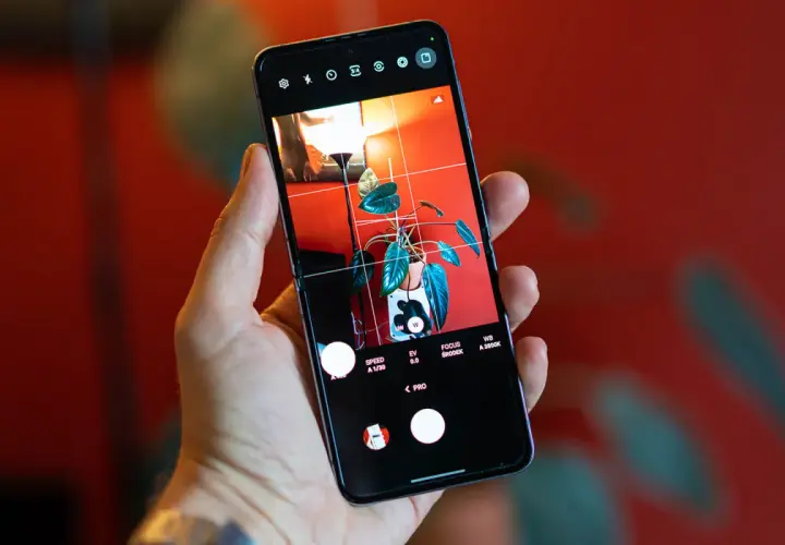 Dłoń trzyma smartfon z włączonym trybem Pro, ukazującym roślinę w doniczce. To jak przenośny Lightroom na telefon, gotowy do edycji.