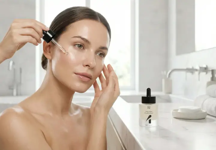 Donna applica siero viso, scopri i benefici della niacina per una pelle luminosa e idratata.